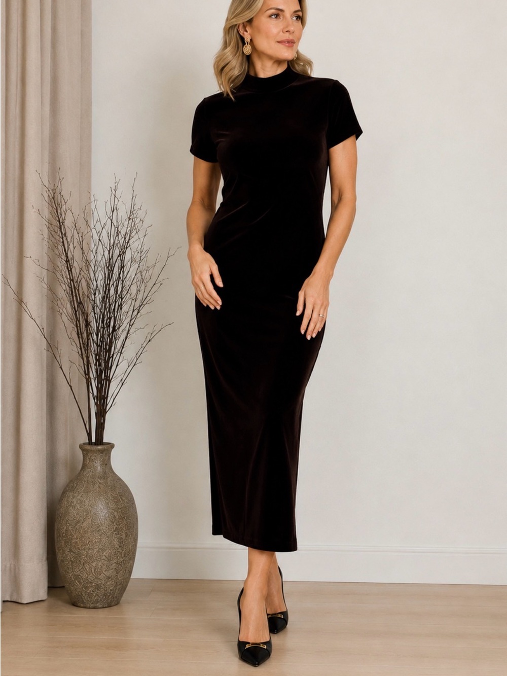AJ Bari Classic Brown Velvet Midi Dress with Mock Neck